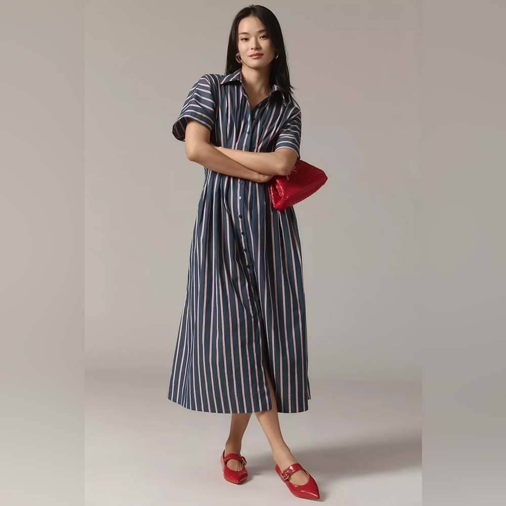 Anthropologie Exquisite Tobie Navy and White Striped Button-Front Midi Dress